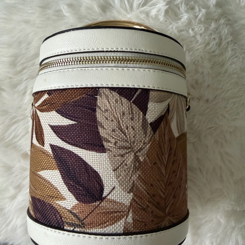 White and Brown Leaf-Print Women's Vanity Bag
